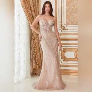 Nude color fitted floral beaded new long floor length gown